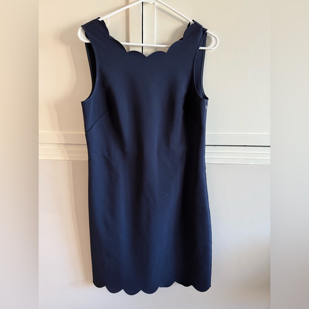 J factory navy shift dress with scalloped trim and v-nexk back.